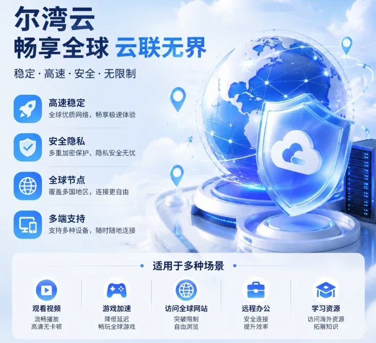 尔湾云 Erwan 机场品牌主视觉：以云朵与地球为意象的网络加速服务标识