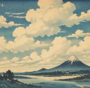尔湾云机场品牌插画，浮世绘风格的富士山与云